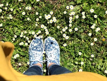 Low section of woman standing by flowers on field