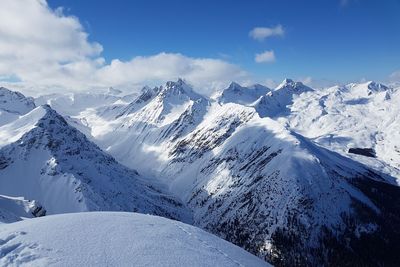 Scenic view of snowcapped mountains against sky