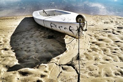 Boat moored on beach