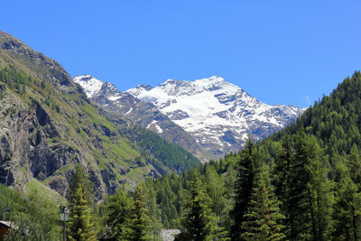 Scenic view of snowcapped mountains against clear blue sky