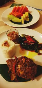 High angle view of meal served on table