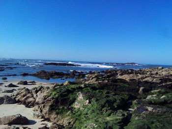 Scenic view of sea against clear blue sky