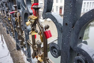 Padlocks hanging on metal fence