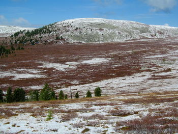 Scenic view of snowcapped mountains against sky