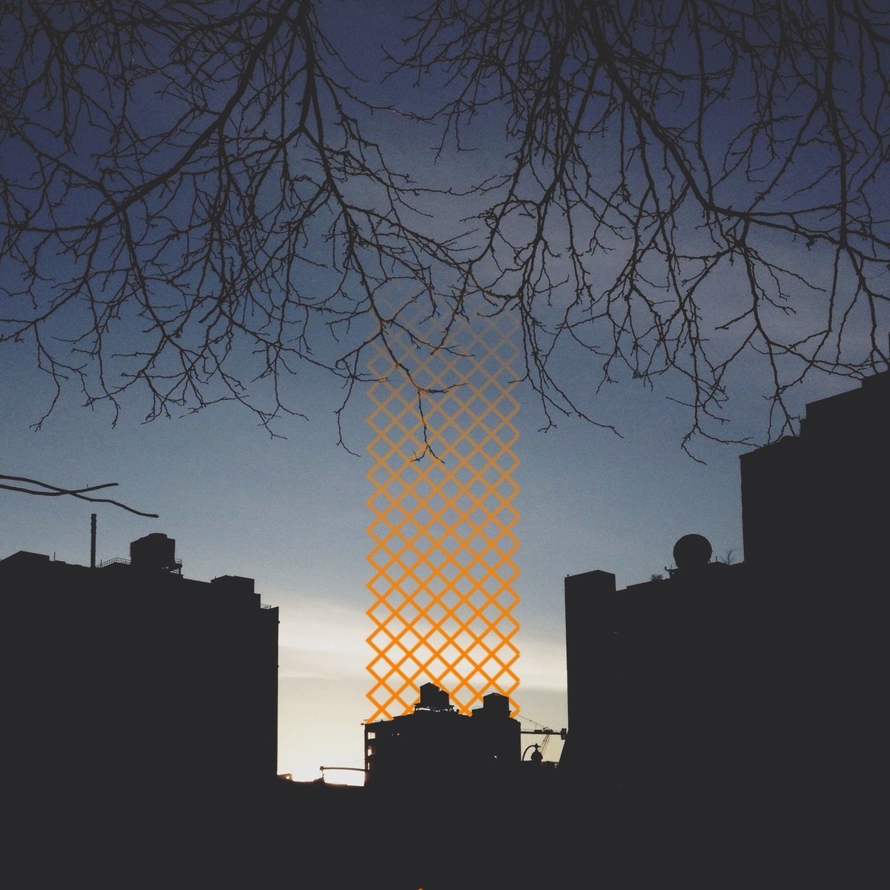 building exterior, architecture, built structure, silhouette, low angle view, city, building, clear sky, tree, bare tree, sunset, sky, tower, skyscraper, residential building, tall - high, residential structure, branch, no people, dusk