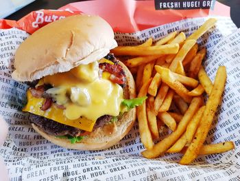 Close-up of burger and fries