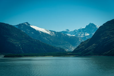 Scenic view of lake by snowcapped mountains against sky