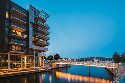 Buildings by river against clear blue sky