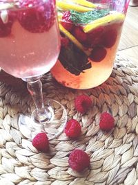 High angle view of fruits in glass on table
