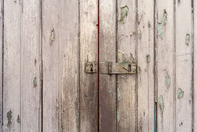 Old white wooden doors that are fading