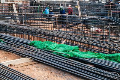 High angle view of working in cage