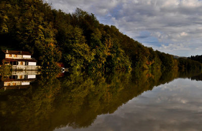 Scenic view of calm lake against cloudy sky