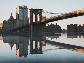 Reflection of suspension bridge in city