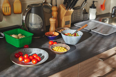 High angle view of breakfast on table