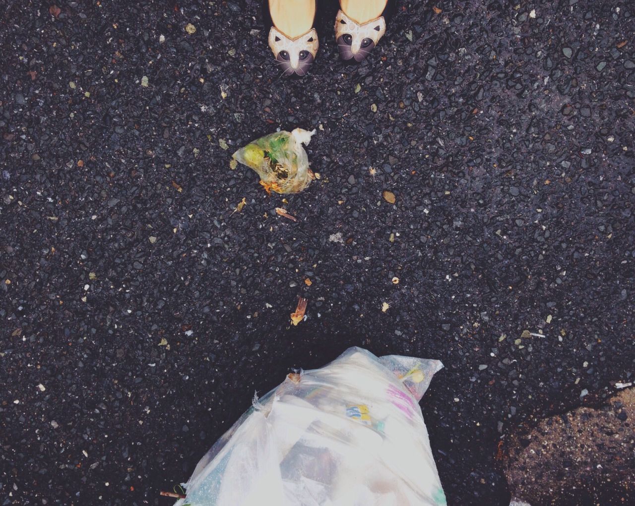 high angle view, low section, street, person, shoe, leaf, standing, road, outdoors, fallen, ground, day, lifestyles, asphalt, directly above, elevated view, personal perspective