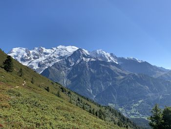 Scenic view of snowcapped mountains against clear blue sky