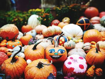 Close-up of pumpkins for sale in market