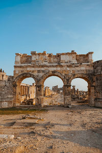 Roman amphitheater in the ruins of hierapolis, in pamukkale, turkey. unesco world heritage in turkey