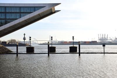 Bridge over river with city in background