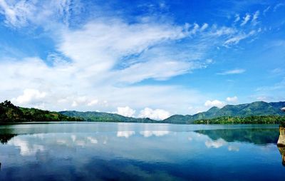 Scenic view of lake against cloudy sky