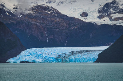 Scenic view of sea and snowcapped mountains