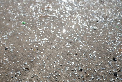 High angle view of shattered glass on concrete footpath