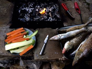 Fish and vegetables outdoors