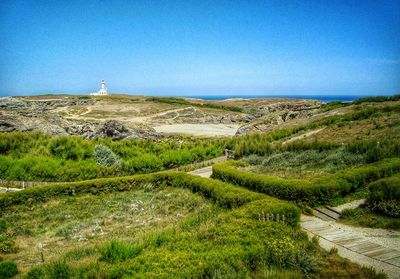 Scenic view of landscape against clear blue sky