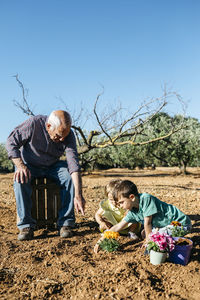 Grandfather and grandchildren planting a flower in the garden