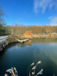 Scenic view of lake against blue sky