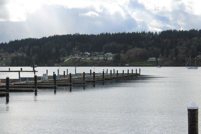 Scenic view of lake against cloudy sky