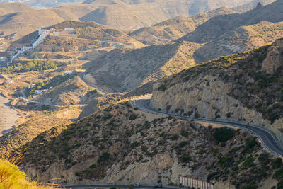 High angle view of road leading towards mountains