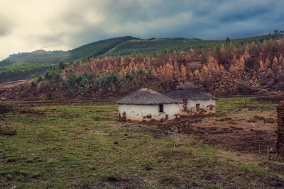 Scenic view of field by mountain against sky