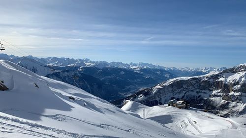 Scenic view of snowcapped mountains against sky