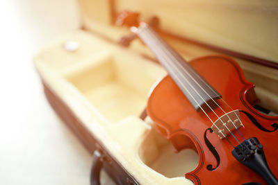 Close-up of violin on table