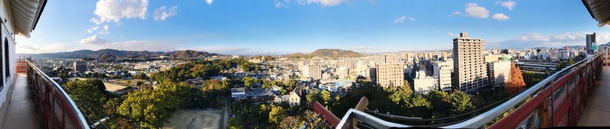 Panoramic view of city buildings against sky