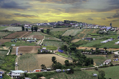 High angle view of buildings against sky