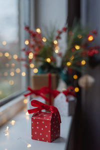 Christmas composition with a bunch of little gifts on the windowsills.