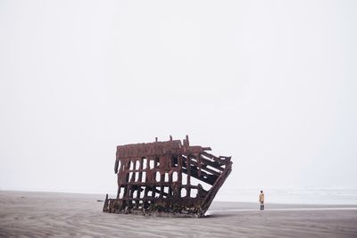 Rear view of woman standing at beach against sky