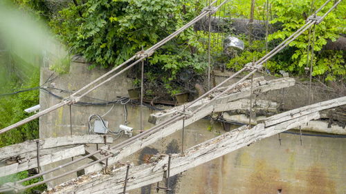 High angle view of abandoned bridge over plants