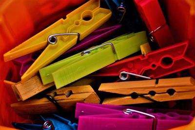 High angle view of clothespins on table