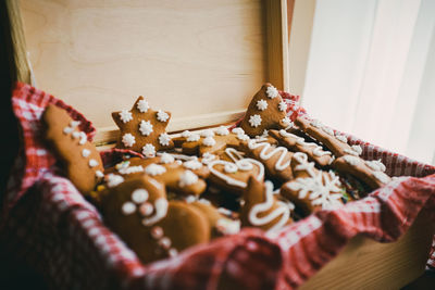 Close-up of gingerbread cookies in box