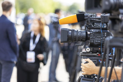 News conference or media interview. shooting press event with a television camera.