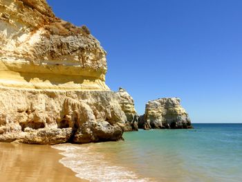 Scenic view of rocks in sea against clear blue sky