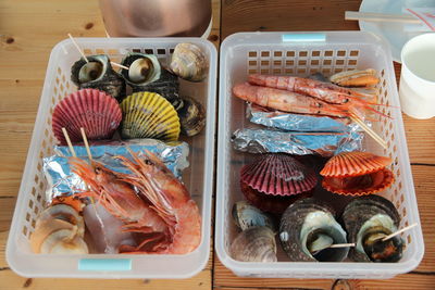 High angle view of seafood on table