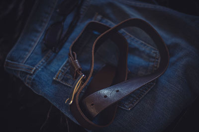 High angle view of man wearing leather shoes