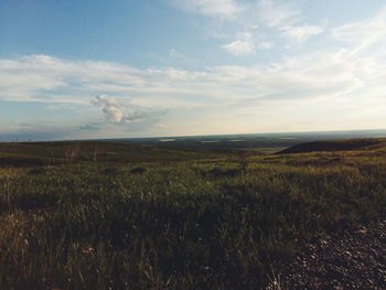 Scenic view of field against cloudy sky