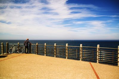Rear view of person standing on railing against sea