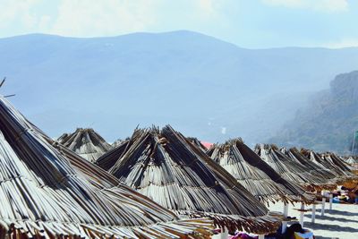 High angle view of stack of mountains against sky