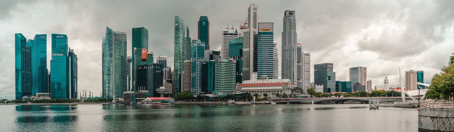 Panoramic view of bay and buildings against sky